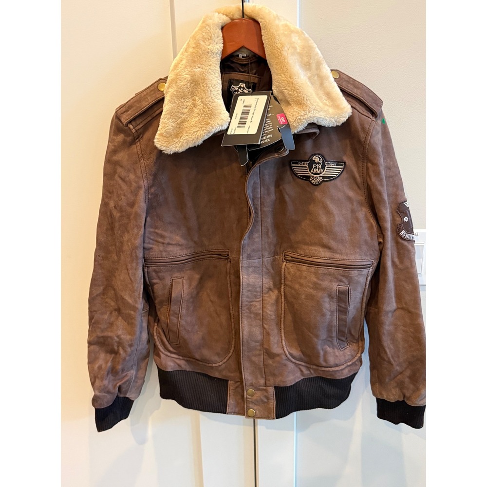Pierson Mens Real Leather Bomber Jacket Faux Fur Collar Brown F19 Army Small NWT